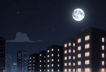 Wall Mural - nighttime apartment animation blinking lights moonlit buildings