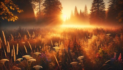 A sunlit meadow during golden hour in the warm sunlight