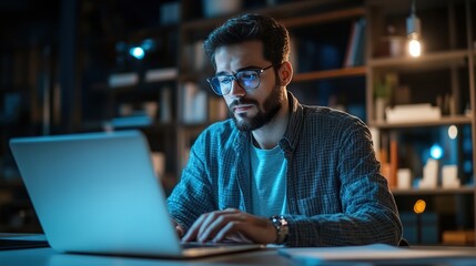 Poster - man working at a laptop in a contemporary office, focused and productiveperson