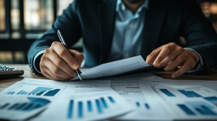 Poster - manager or company employee reviewing financial reports and documents in an office