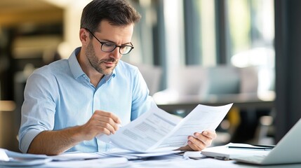 Poster - manager or company employee reviewing financial reports and documents in an office