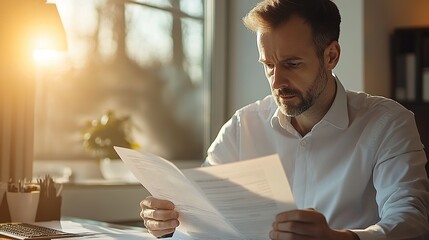 Poster - manager or company employee reviewing financial reports and documents in an office setting