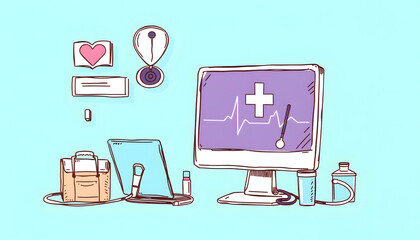 Online health service set isolated with white highlights, png