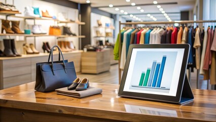 Modern tablet screen displays sales data on a sleek wooden desk surrounded by retail products and shopping bags in a bustling storefront environment.