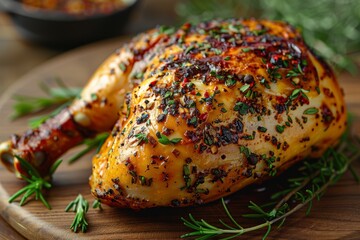 a baked chicken leg. The chicken leg is perfectly roasted, with a golden-brown, crispy skin and juicy meat inside. 