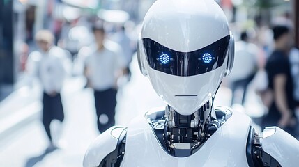 Poster - A cyber cop robot standing guard in a bustling city center showcasing the strength and authority of robotic police in maintaining public safety Stock Photo with copy space