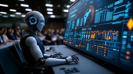 Poster - A robotic executive in a business suit explaining data on a large screen during a corporate meeting representing the use of AI in business leadership Stock Photo with copy space