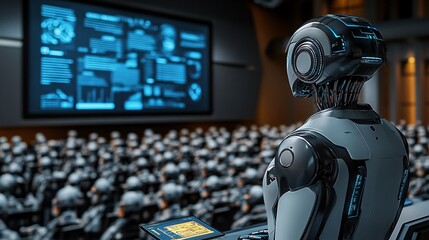 Poster - A robotic executive in a business suit explaining data on a large screen during a corporate meeting representing the use of AI in business leadership Stock Photo with copy space