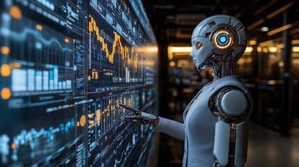 Poster - A robotic executive in a business suit explaining data on a large screen during a corporate meeting representing the use of AI in business leadership Stock Photo with copy space