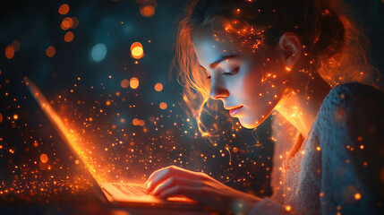 Poster - A woman working on a laptop, surrounded by glowing digital particles in a creative atmosphere