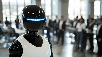 Poster - A robot business executive confidently addressing a team in a modern office setting demonstrating the role of AI in shaping the future of corporate management Stock Photo with copy space