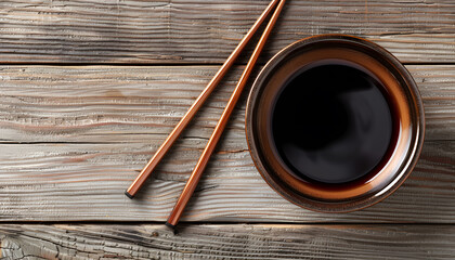 Poster - Bowl with soy sauce and chopsticks on wooden table, top view. Space for text