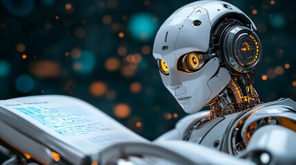 Poster - A business executive robot using advanced analytics during a corporate meeting symbolizing the power of AI in optimizing business strategies and decision-making Stock Photo with copy space
