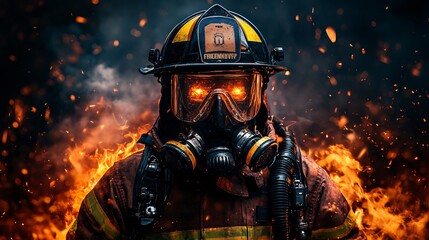 Poster - A firefighting android in full protective gear battling flames with high-tech equipment on a hazardous scene emphasizing the efficiency of robotic emergency responders Stock Photo with copy space