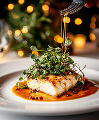 Wall Mural - gourmet dish being plated in a fine-dining restaurant, delicate placement of microgreens on top of a perfectly cooked piece of fish