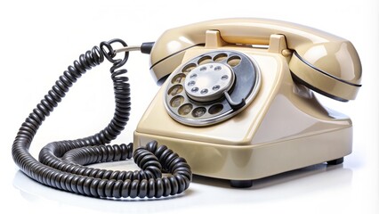 Old-Fashioned Landline Telephone With Rotary Dial, Handset, And Coiled Cord, Isolated On A White Background