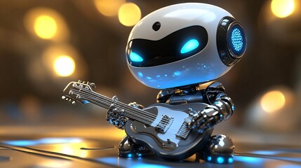Poster - A robot in a rock star outfit jamming on an electric guitar under stage lights symbolizing the intersection of robotics and artistic performance in music Stock Photo with copy space