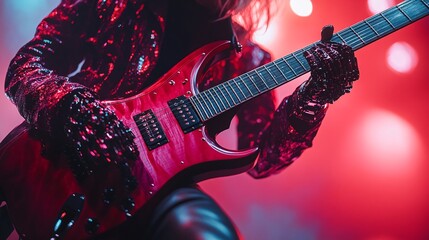 Poster - A robo musician performing a dynamic solo on an electric guitar in a concert setting illustrating the innovative blend of robotics and live music entertainment Stock Photo with copy space