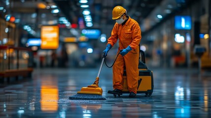 Poster - A cleaning assistant droid in a janitor uniform efficiently cleaning the floors of a high-tech building symbolizing the future of automated maintenance and hygiene Stock Photo with copy space