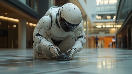 Poster - A cleaning assistant droid in a janitor uniform efficiently cleaning the floors of a high-tech building symbolizing the future of automated maintenance and hygiene Stock Photo with copy space