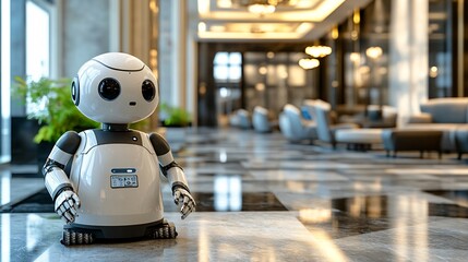 Poster - A robot janitor dressed in uniform performing routine cleaning tasks in a futuristic office environment showcasing the precision and reliability of automated cleaning solutions Stock Photo with copy
