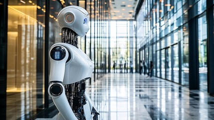 Poster - A cleaning robot in janitorial attire maintaining cleanliness in a modern high-tech facility demonstrating the efficiency of robotic technology in building maintenance Stock Photo with copy space