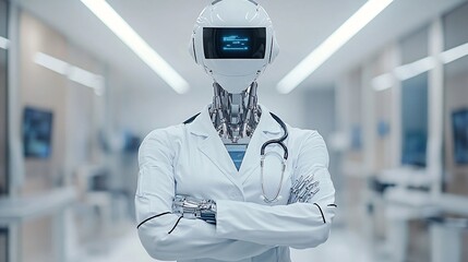 Poster - A medical assistant android in a white coat consulting with a patient in a futuristic clinic representing the future of personalized healthcare with robotic assistance Stock Photo with copy space