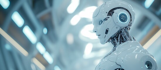 Poster - A medical robot dressed as a doctor using advanced diagnostic tools during a patient consultation in a modern clinic symbolizing the precision and efficiency of robotic healthcare Stock Photo with