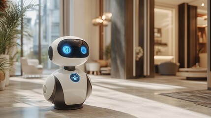 Poster - A medical robot dressed as a doctor using advanced diagnostic tools during a patient consultation in a modern clinic symbolizing the precision and efficiency of robotic healthcare Stock Photo with