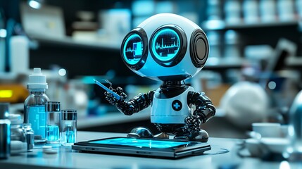 Poster - A medical robot dressed as a doctor using advanced diagnostic tools during a patient consultation in a modern clinic symbolizing the precision and efficiency of robotic healthcare Stock Photo with