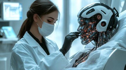 Poster - A robotic medical assistant in a white coat performing a check-up on a patient in a futuristic healthcare setting emphasizing the role of robotics in personalized medical care Stock Photo with copy