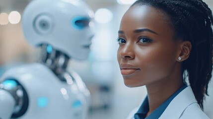 Poster - A medical assistant android in a doctor outfit interacting with a patient in a cutting-edge clinic showcasing the future of healthcare with robotic technology Stock Photo with copy space
