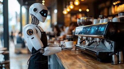 Poster - A robotic barista in a stylish apron serving coffee to customers in a trendy cafe representing the future of customer service in the food and beverage industry Stock Photo with copy space