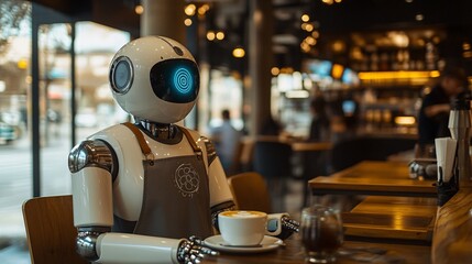 Poster - A robo barista dressed in a cafe apron creating latte art in a stylish coffee shop symbolizing the blend of robotics and artistry in modern customer service Stock Photo with copy space