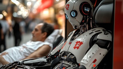 Poster - A robotic paramedic in full emergency gear providing urgent care to a patient in an ambulance representing the speed and precision of robotic first responders Stock Photo with copy space