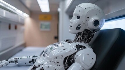 Poster - A robotic first responder in paramedic attire performing emergency procedures inside an ambulance emphasizing the efficiency and reliability of robotic assistance in critical care Stock Photo with