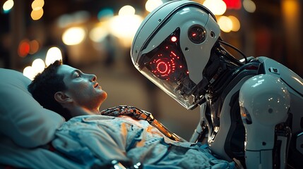 Poster - A robot paramedic dressed in emergency gear treating a patient on the scene of an accident showcasing the future of emergency medical services with robotic technology Stock Photo with copy space
