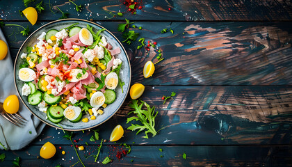 Festive salad with ham, cucumber, boiled eggs, sweet corn and mayonnaise on rustic