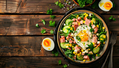 Festive salad with ham, cucumber, boiled eggs, sweet corn and mayonnaise on rustic