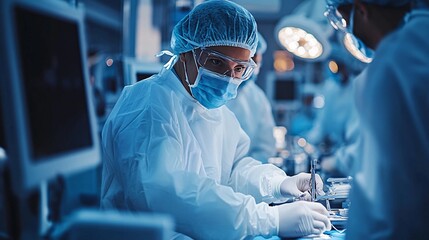 Poster - A robotic surgeon in full scrubs performing a detailed and complex operation with precision tools under the supervision of medical professionals in a cutting-edge operating room Stock Photo with copy