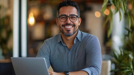 Poster - Portrait of a stylish Hispanic businessman working on a laptop in a modern office, smiling confidently