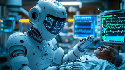 Poster - A futuristic nursebot in a uniform caring for a patient in a sleek high-tech hospital room combining empathy and technology in modern healthcare Stock Photo with copy space