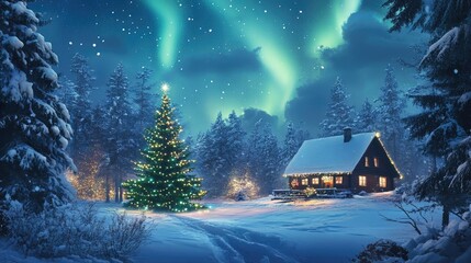 Poster - Winter Wonderland with a Cabin and a Decorated Christmas Tree