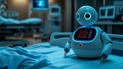 Poster - A nursebot monitoring a patients condition in a futuristic medical facility showcasing the advanced care provided by humanoid robots in healthcare settings Stock Photo with copy space