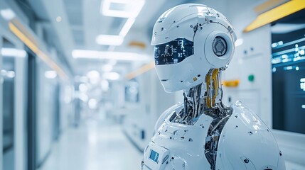 Poster - A humanoid nurse robot administering treatment in a high-tech hospital environment illustrating the seamless blend of human-like care and robotic precision Stock Photo with copy space