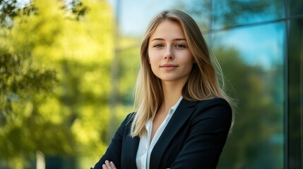 Sticker - Portrait of a successful young businesswoman standing confidently in front of a corporate building