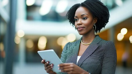 Poster - African American businesswoman using a digital tablet, representing innovation and success