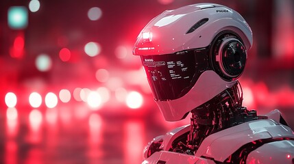 Poster - A cyber cop robot patrolling the streets of a futuristic city using advanced sensors and cameras to monitor for criminal activity and ensure public safety Stock Photo with copy space