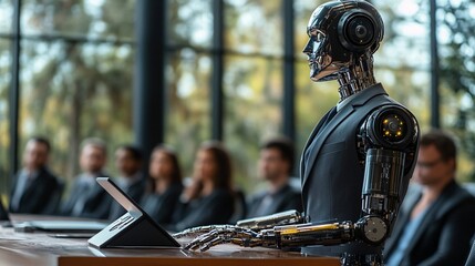 Poster - A business executive robot in a sharp suit presenting data and strategies to a corporate team in a modern office boardroom illustrating AI role in corporate leadership Stock Photo with copy space