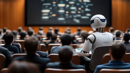 Poster - A robot in business attire explaining complex data analysis to a board of executives in a high-tech conference room emphasizing AI influence on modern business strategies Stock Photo with copy space